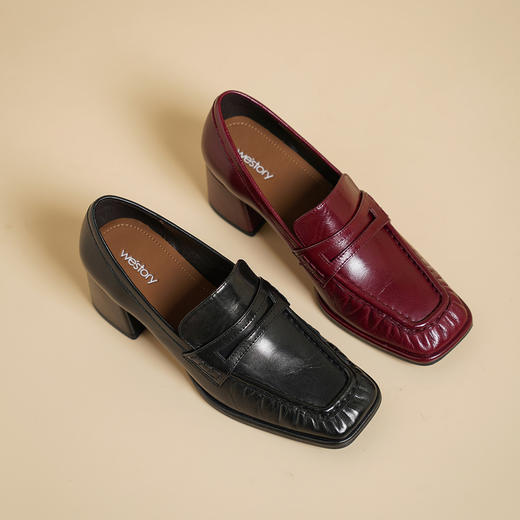 Westory2025年春季植鞣羊皮方头粗跟中跟乐福通勤百搭深口单鞋W25AM59191 商品图0