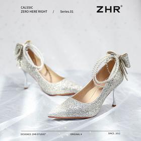 ZHR则则银色水钻一字扣高跟鞋8.5CM水晶鞋婚鞋尖头气质细跟伴娘鞋