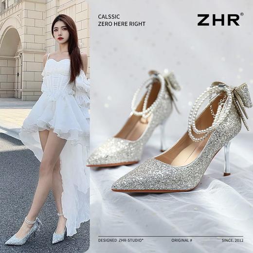 ZHR则则银色水钻一字扣高跟鞋8.5CM水晶鞋婚鞋尖头气质细跟伴娘鞋 商品图1