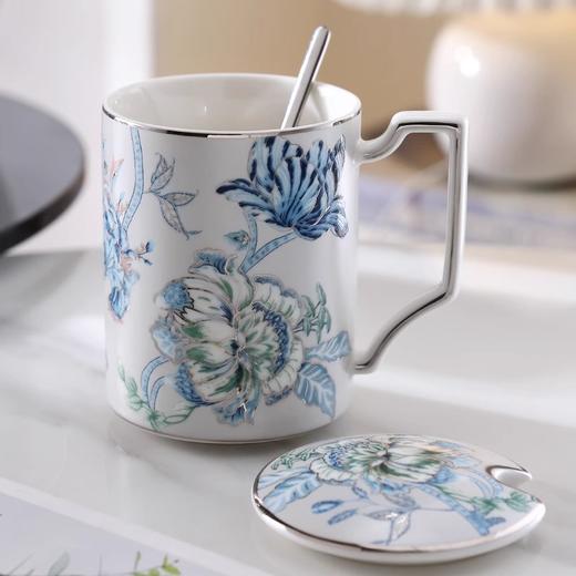 nosin诺轩中式复古水墨丹青牡丹陶瓷马克杯子带盖个性女水杯家用诺轩水墨丹青马克杯铂金灰 商品图2