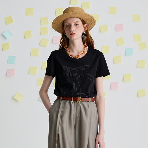 谜底T恤短袖女2025夏季新品休闲日常纯棉合身X型短上衣252MT0582 商品图0