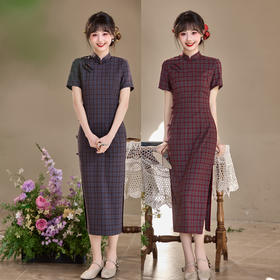 复古国风长款文艺格子，改良中式学院风旗袍SYK22602