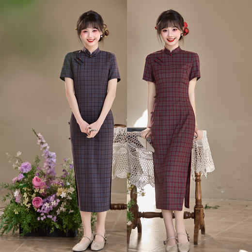 复古国风长款文艺格子，改良中式学院风旗袍SYK22602 商品图0