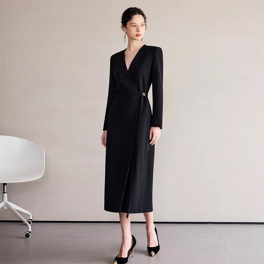 IWY/冷淡系别致裙子深V领连衣裙职业装中长款系带西装小黑长裙礼服 Q1248 商品图2