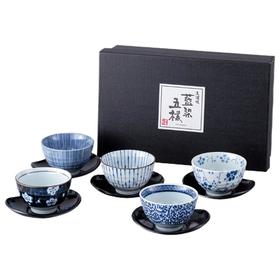 日本进口西庵窑蓝染5种花色茶杯带茶杯碟