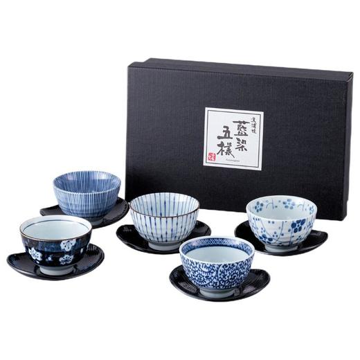 日本进口西庵窑蓝染5种花色茶杯带茶杯碟 商品图0