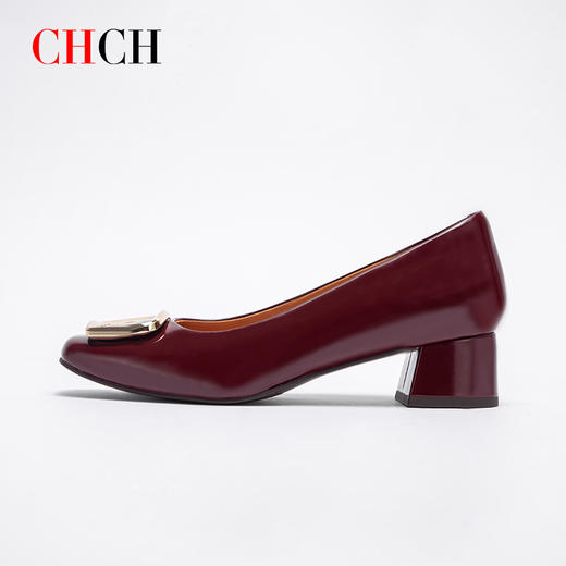 CHCH平衡鞋2025春夏新款牛漆皮粗跟女浅口单鞋不累脚CP1B5131 商品图4