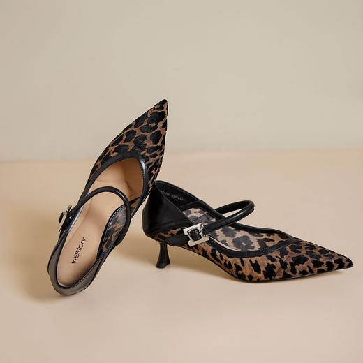 Westory2025年春季镂空网纱印花豹纹低跟玛丽珍浅口单鞋S25AH58571 商品图3
