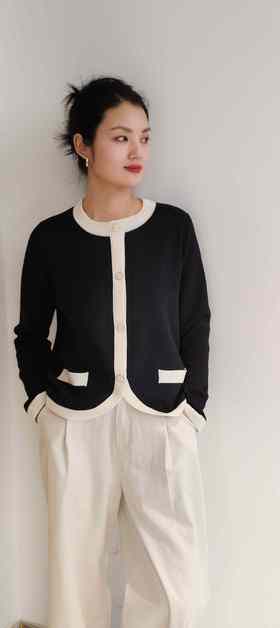 580922含羊毛小香风开衫，黑 白均码