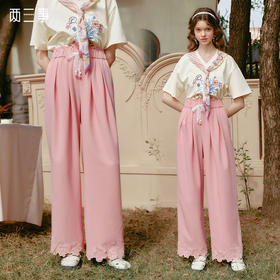 两三事仲夏花笺2025春季新款甜美绣花裤脚口蕾丝绑带直筒休闲裤女