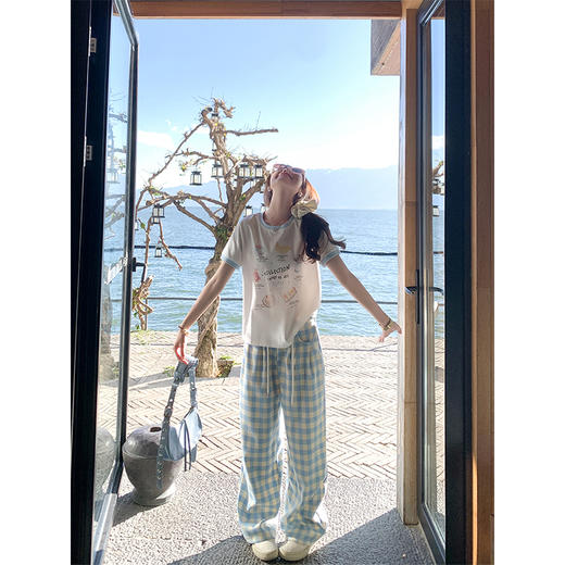 <曾小咸推荐>休闲宽松显瘦蓝白格子高腰休闲裤 商品图3