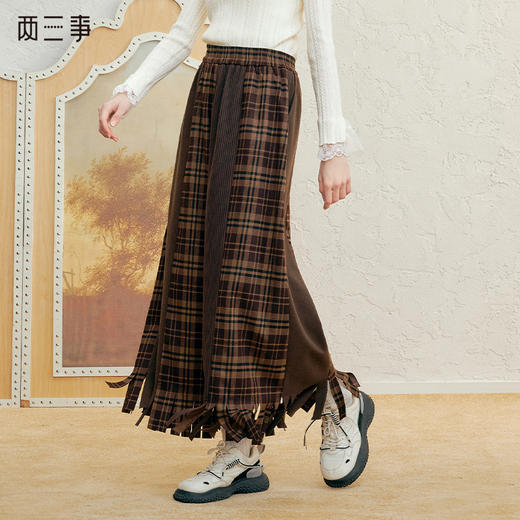 两三事格物求知2025春季新款时尚流苏裤脚口格子阔腿休闲裤女宽松 商品图0