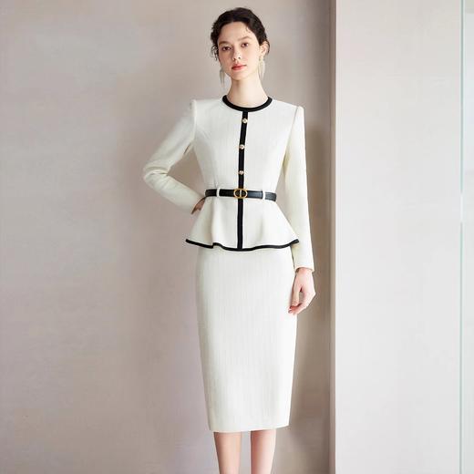 IWY/春季米白色长袖两件套女士职业装套装主持接拼小香风千金风西装裙CS2218 商品图1