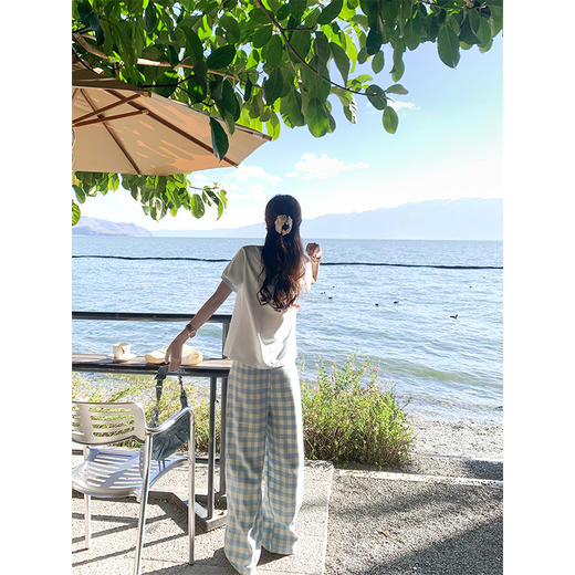 <曾小咸推荐>休闲宽松显瘦蓝白格子高腰休闲裤 商品图4