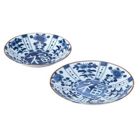 日本进口西庵窑蓝染工房重量超轻吉祥碟碗套装