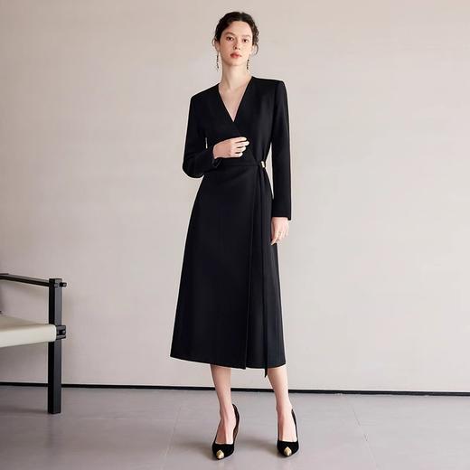 IWY/冷淡系别致裙子深V领连衣裙职业装中长款系带西装小黑长裙礼服 Q1248 商品图0
