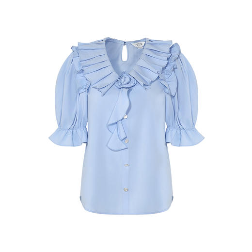 两三事盐渍晴空2025春季新款压褶翻领立体花朵荷叶边泡泡袖衬衫女 商品图4