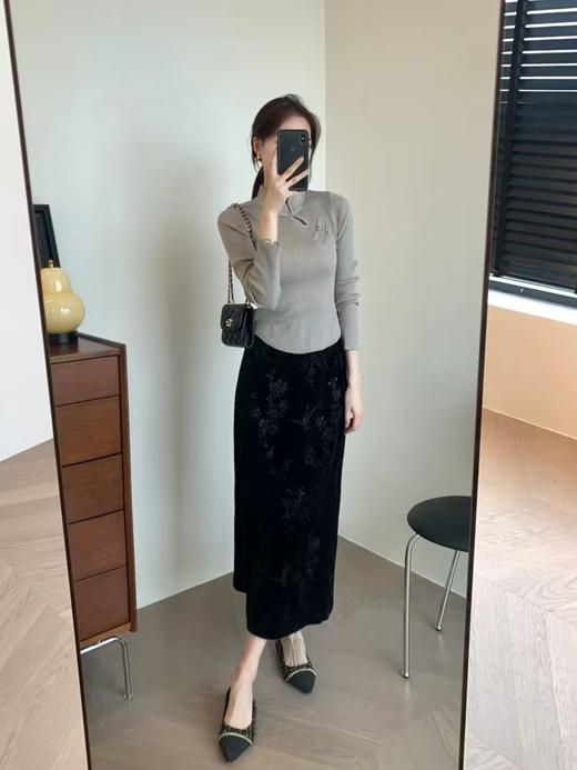 喜鹊竹叶直筒微A显瘦知性优雅丝绒半裙 商品图7