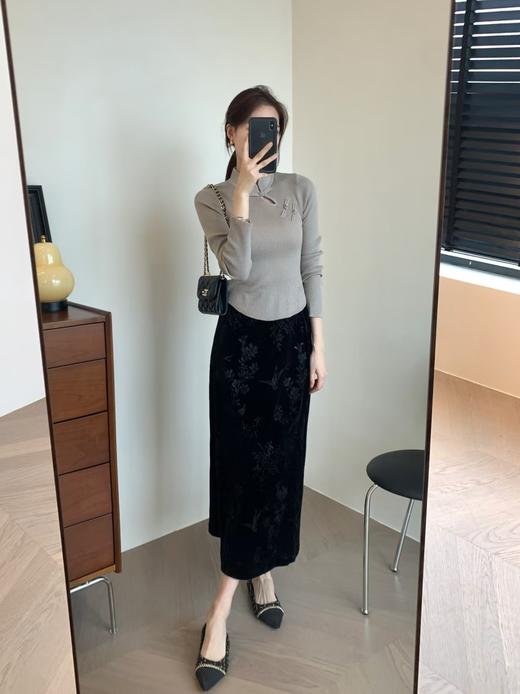 喜鹊竹叶直筒微A显瘦知性优雅丝绒半裙 商品图8
