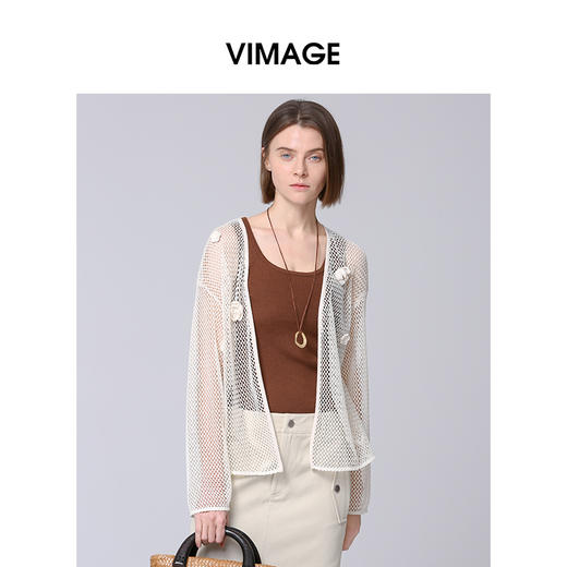 VIMAGE纬漫纪立体花朵装饰网眼罩衫显瘦百搭针织开衫2025夏季新款V2303917 商品图3