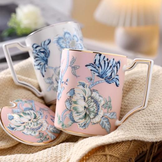 nosin诺轩中式复古水墨丹青牡丹陶瓷马克杯子带盖个性女水杯家用诺轩水墨丹青马克杯铂金灰 商品图4