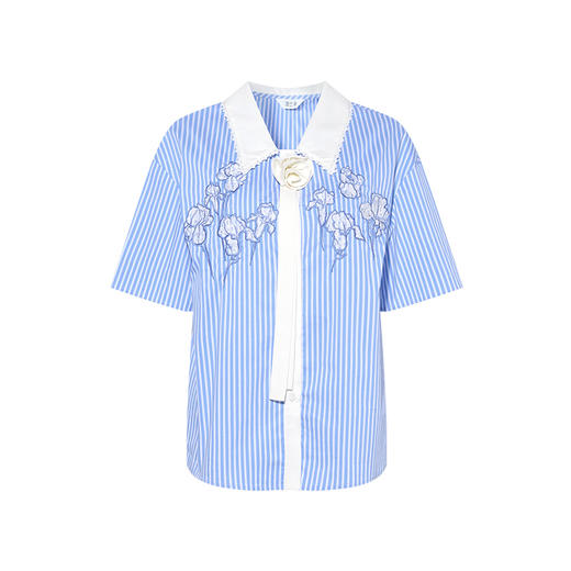 两三事 风信与海 2025春季新款小清新花朵领带绣花蓝白条纹衬衫女 商品图4