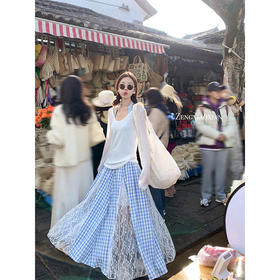 <曾小咸推荐>韩系高腰蓝格蕾丝拼接a字半身裙