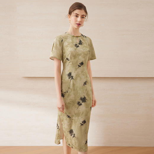 【新中式印花旗袍连衣裙】EITIE爱特爱优雅清新绿色2025夏季新款B2507614 商品图1