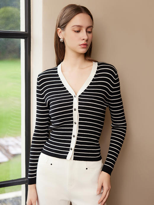 【V领条纹针织开衫】25年春夏新品女士棉质坑条纹修身撞色针织外套 商品图1