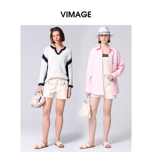 VIMAGE纬漫纪高腰休闲简约直筒短裤2025夏季新款V2305929 商品图1