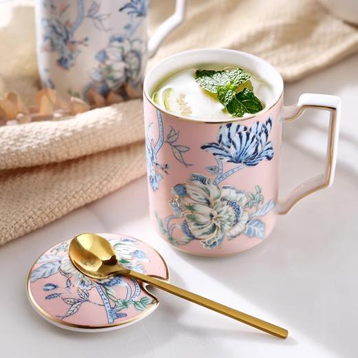 nosin诺轩中式复古水墨丹青牡丹陶瓷马克杯子带盖个性女水杯家用诺轩水墨丹青马克杯铂金灰 商品图3