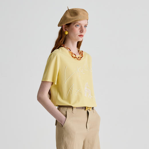 谜底T恤短袖女2025夏季新品休闲日常柠檬黄宽松H型上衣252MT0615 商品图1