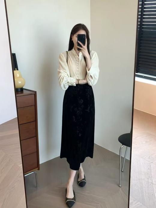 喜鹊竹叶直筒微A显瘦知性优雅丝绒半裙 商品图5