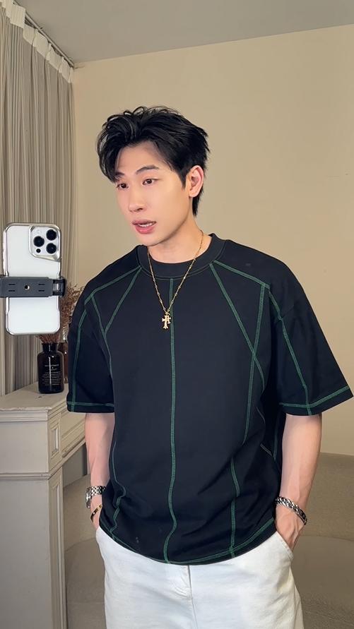 T2686夏季新款高级感韩版缝线撞色圆领短袖T恤百搭潮流宽松情侣上衣 商品图0