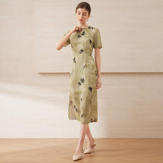 【新中式印花旗袍连衣裙】EITIE爱特爱优雅清新绿色2025夏季新款B2507614 商品图3