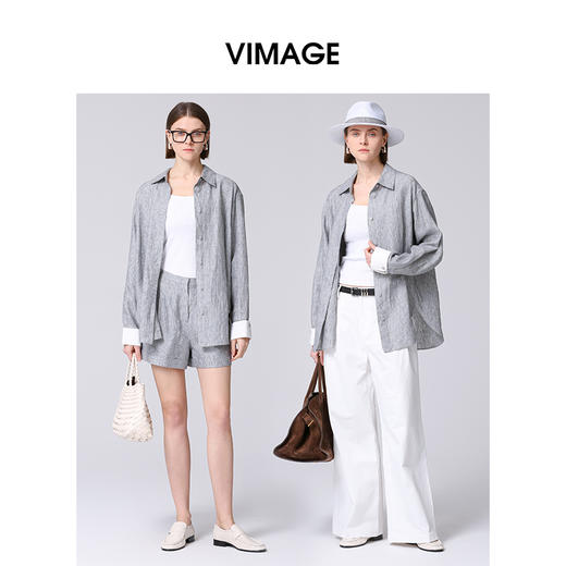 VIMAGE纬漫纪智性风亚麻宽松质感灰色百搭衬衫外套春季新款V2309918 商品图1