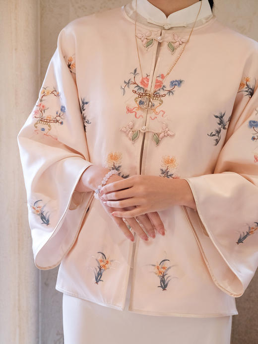 盛唐牡丹 |粉凤仙重缎真丝散花手推绣外套 商品图1