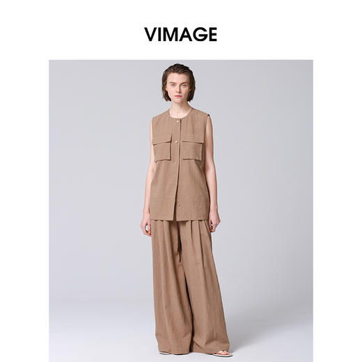 VIMAGE纬漫纪工装风卡其色圆领宽松无袖背心马甲上衣夏季新款V2313954 商品图0