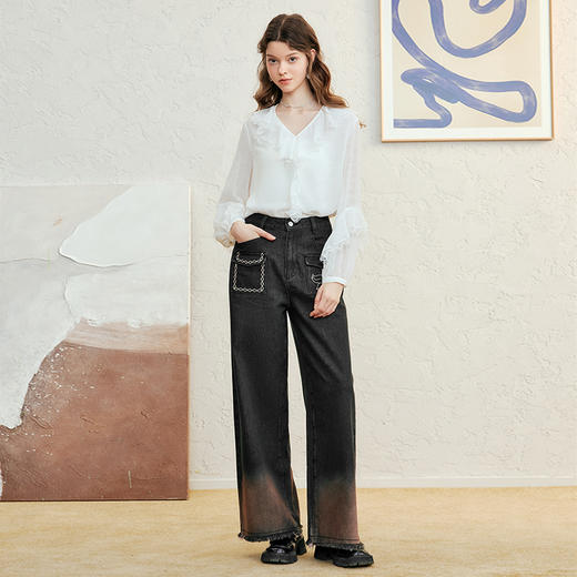 两三事愈花古道2025春季新款复古绣花渐变毛边裤脚口阔腿牛仔裤女 商品图3