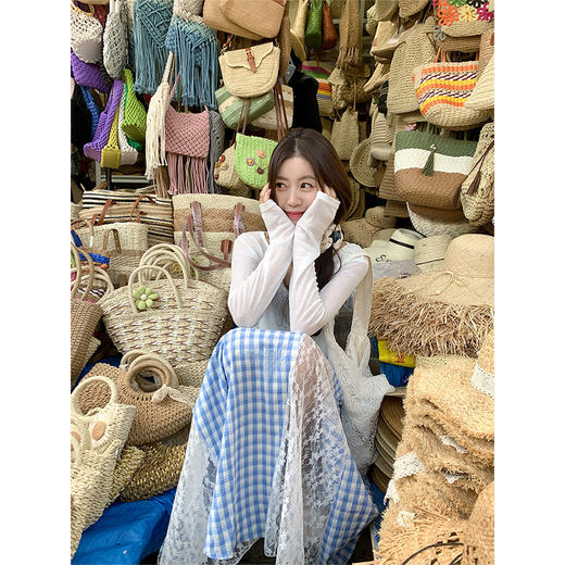 <曾小咸推荐>韩系高腰蓝格蕾丝拼接a字半身裙 商品图2