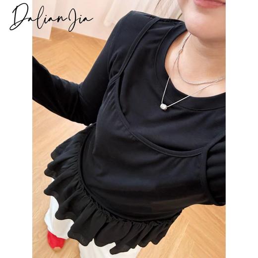 2025新品  佳佳同款【奶盐宅女】假两件甜美花边小上衣长袖t显瘦高腰时尚气质 商品图1