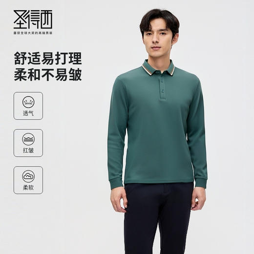 圣得西男装2025春季新款男士简约通勤百搭长袖休闲翻领纯色POLO衫2512945062 商品图0