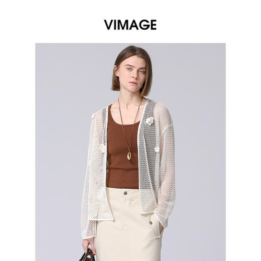 VIMAGE纬漫纪立体花朵装饰网眼罩衫显瘦百搭针织开衫2025夏季新款V2303917 商品图2