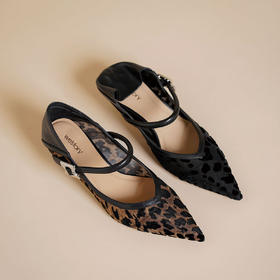 Westory2025年春季镂空网纱印花豹纹低跟玛丽珍浅口单鞋S25AH58571