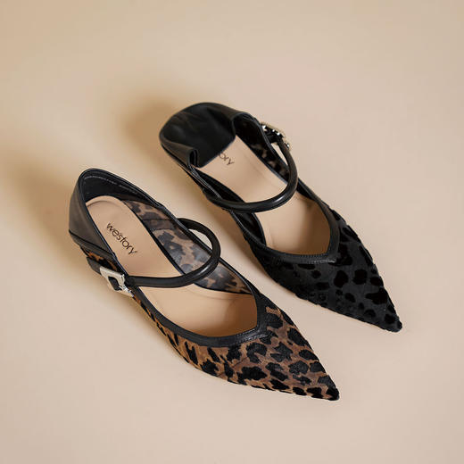 Westory2025年春季镂空网纱印花豹纹低跟玛丽珍浅口单鞋S25AH58571 商品图0