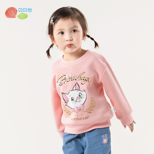 贝贝怡2025春秋新款女童圆领卫衣卡通猫咪印花套头上衣运动休闲卫衣 商品图5