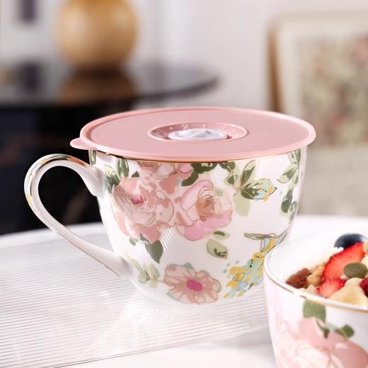 nosin诺轩早餐杯子燕麦杯陶瓷泡麦片田园风大容量马克杯带盖水杯诺轩骨瓷野玫瑰早餐杯 商品图2