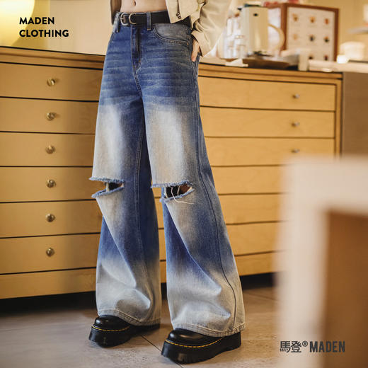马登cleanfit浅春系重水洗破洞牛仔裤vibe风高街显瘦阔腿裤春女 商品图0