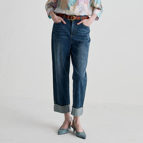 谜底牛仔裤女2025夏新品百搭卷边裤脚撞色法棍裤九分裤252MK0533