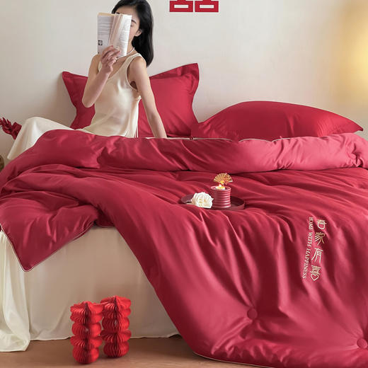 自然醒吾家有喜60支长绒棉刺绣婚嫁被轻奢新婚喜被20%蚕丝蛋白红色春秋被结婚床上冬加厚（配送婚庆大红手提袋）TD 商品图0